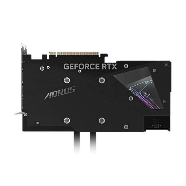 AORUS GeForce RTX 4070 Ti Xtreme Waterforce - Zadná strana grafickej karty s čiernym krytom