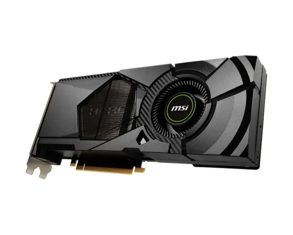 MSI NVIDIA CMP 50HX MINER - Šikmý pohľad na grafickú kartu s logom MSI a chladiacim ventilátorom