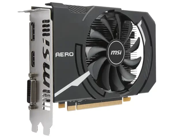 MSI Radeon 550 AERO ITX 2G OC - Bočný pohľad na grafickú kartu s ventilátorom a výstupmi