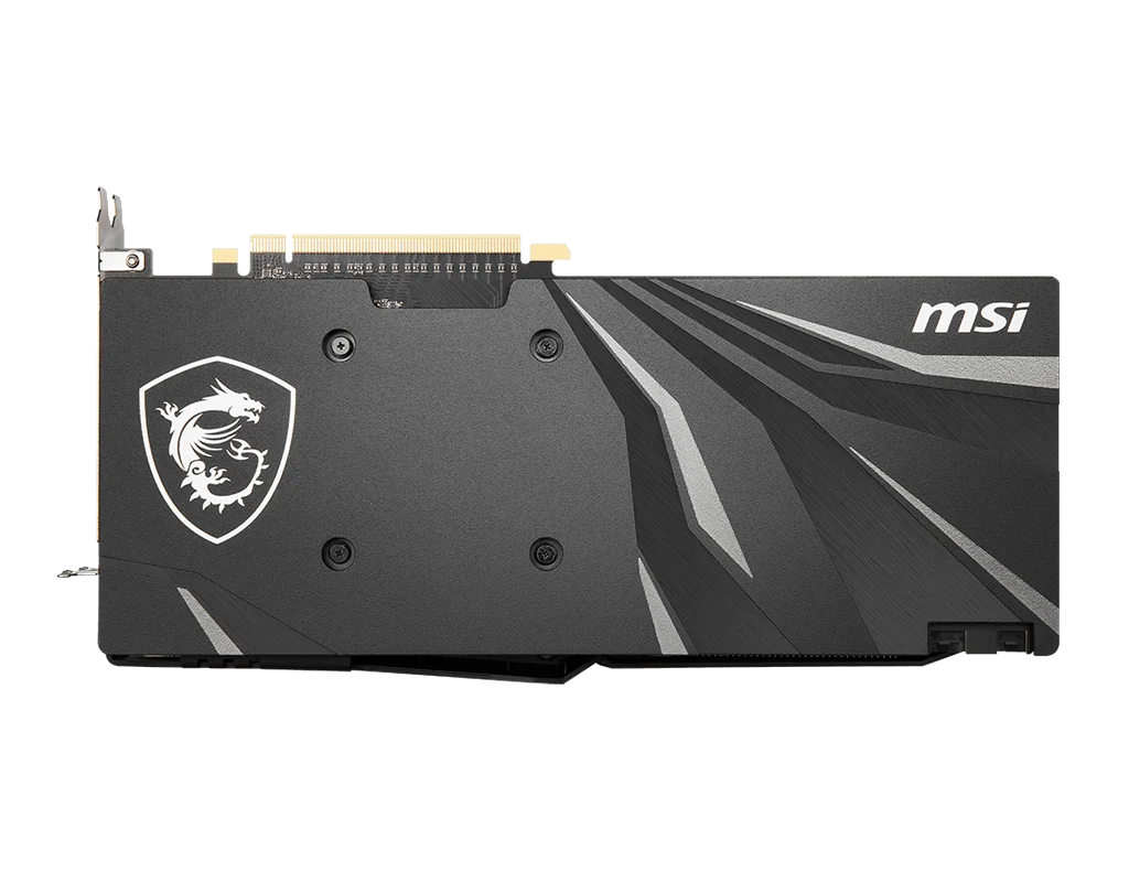 msi-radeon-rx-5600-xt-gaming-mx-6gb-backplate-msi-logo MSI Radeon RX 5600 XT GAMING MX 6GB – Zadná strana karty s kovovým backplate a dračím logom MSI