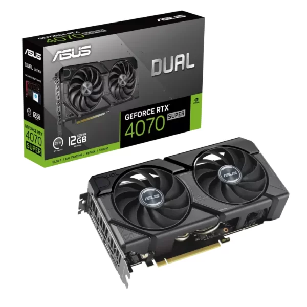 ASUS Dual GeForce RTX 4070 SUPER EVO OC 12GB - Grafická karta so svojím balením a značkou ASUS