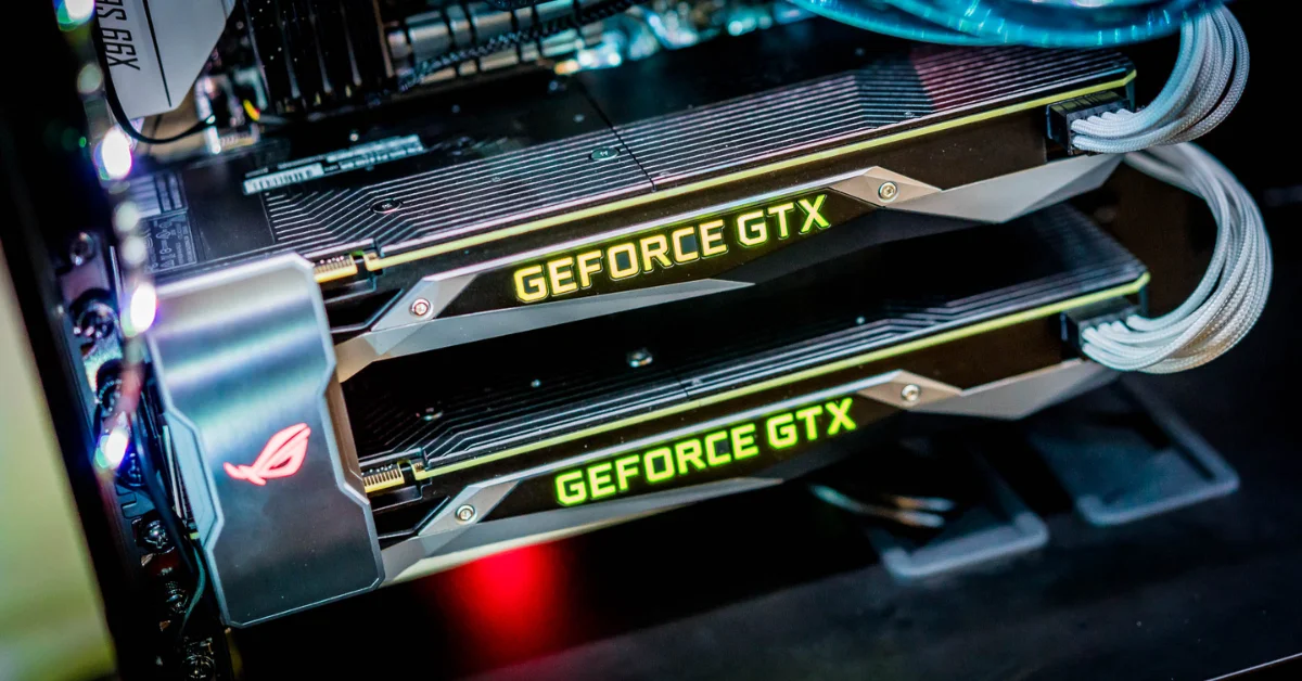 Zwei Grafikkarten im PC – Anschluss von 2 GPUs über NVIDIA SLI – Illustrations bild