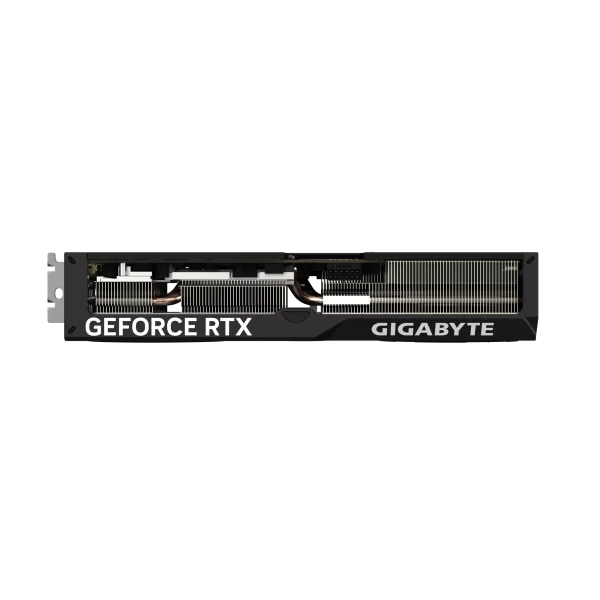 Gigabyte GeForce RTX 4070 SUPER WINDFORCE OC 12G - Bočný pohľad na chladiaci systém s nápisom GeForce RTX a Gigabyte