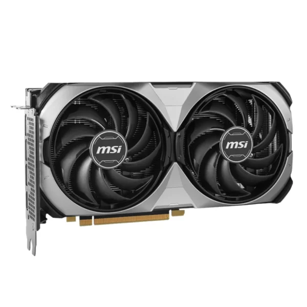 MSI GeForce RTX 4070 SUPER 12G VENTUS 2X OC - Pohľad z uhla na prednú časť karty so systémom dvoch ventilátorov