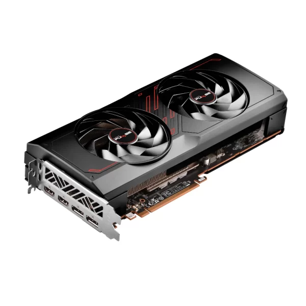 Sapphire PULSE AMD Radeon RX 7700 XT 12GB - Pohľad na GPU s dvojventilátorovým chladením a portmi