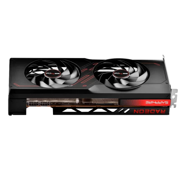 Sapphire PULSE AMD Radeon RX 7700 XT 12GB - Pohľad z boku na kartu s logom Radeon a Sapphire