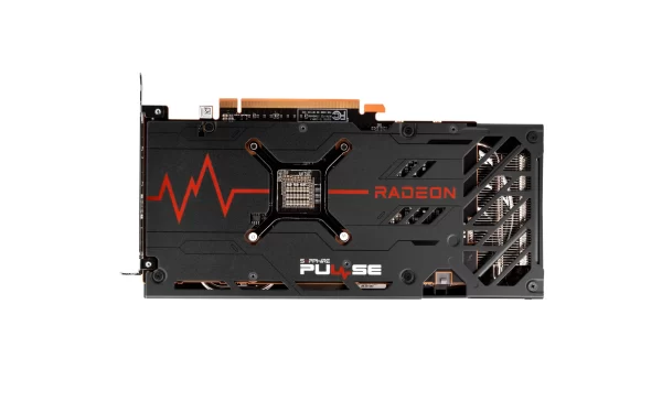 Sapphire PULSE AMD Radeon RX 7600 Zadná strana - Zadná doska s logom a moderným dizajnom.