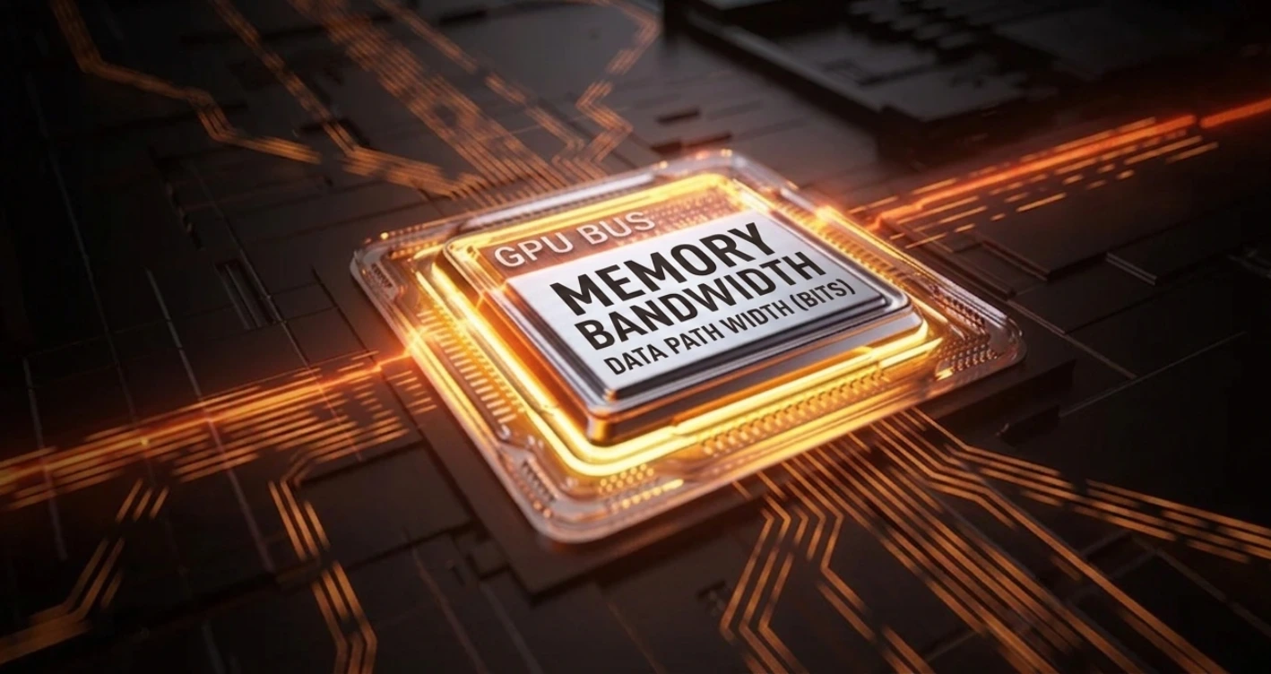 A close-up 3D render of a glowing computer microchip on a circuit board, with English text overlay reading "GPU BUS", "MEMORY BANDWIDTH", and "DATA PATH WIDTH (BITS)" to illustrate graphics card specifications.
