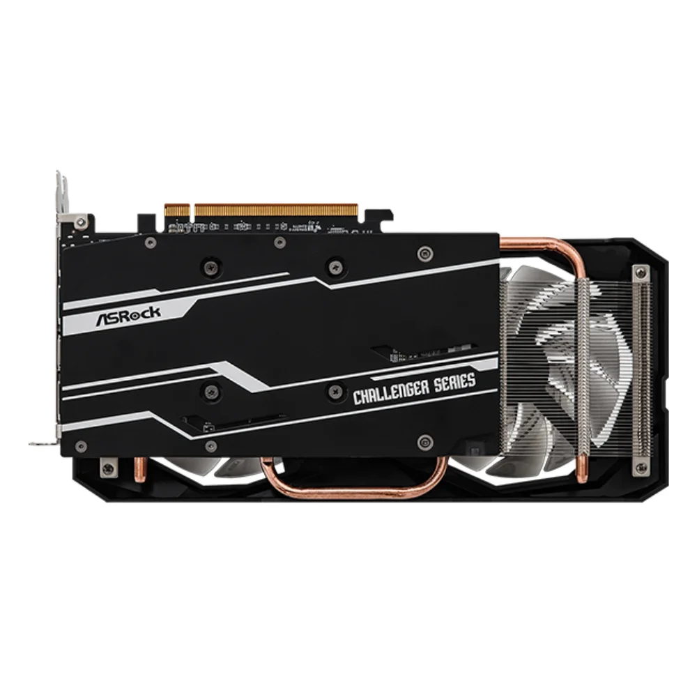 ASROCK AMD Radeon RX 7600 Challenger 8GB OC – Detail na chladiace rebrá a backplate grafickej karty s nápisom Challenger Series ASROCK AMD Radeon RX 7600 Challenger 8GB OC – Detail na chladiace rebrá a backplate grafickej karty s nápisom Challenger Series