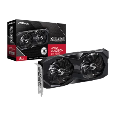 ASROCK AMD Radeon RX 7600 Challenger 8GB OC – Balenie s grafickou kartou s čiernym dizajnom a dvomi ventilátormi