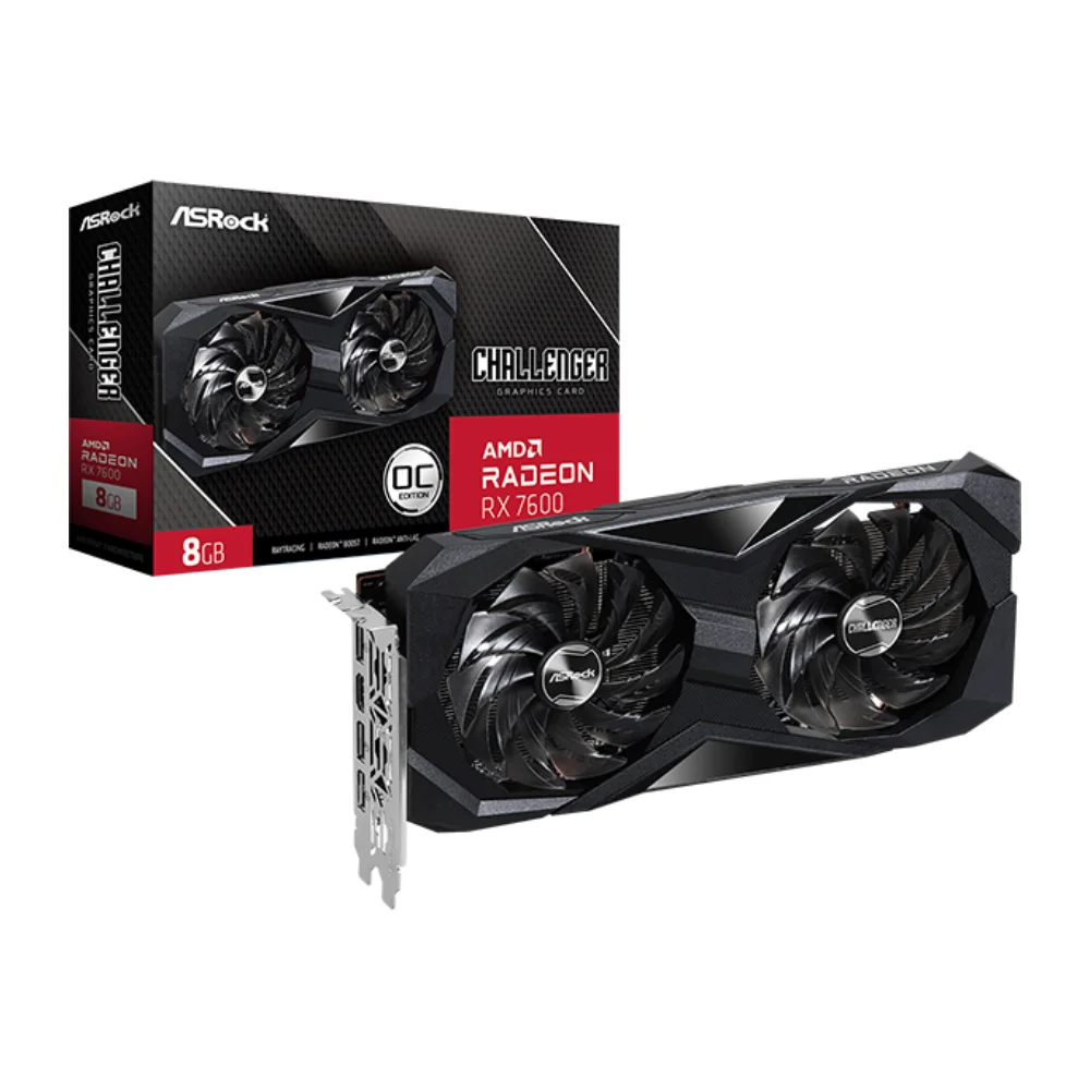 ASROCK AMD Radeon RX 7600 Challenger 8GB OC – Balenie s grafickou kartou s čiernym dizajnom a dvomi ventilátormi ASROCK AMD Radeon RX 7600 Challenger 8GB OC – Balenie s grafickou kartou s čiernym dizajnom a dvomi ventilátormi