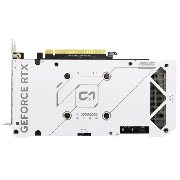 ASUS Dual GeForce RTX 4060 EVO White OC Edition 8GB – Pohľad na zadnú bielu kovovú výstuž grafickej karty s nápisom GeForce RTX