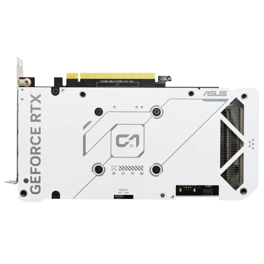 ASUS Dual GeForce RTX 4060 EVO White OC Edition 8GB – Pohľad na zadnú bielu kovovú výstuž grafickej karty s nápisom GeForce RTX ASUS Dual GeForce RTX 4060 EVO White OC Edition 8GB – Pohľad na zadnú bielu kovovú výstuž grafickej karty s nápisom GeForce RTX