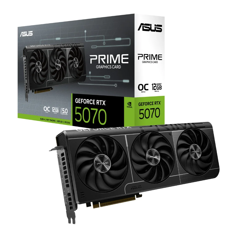 ASUS PRIME GeForce RTX 5070 12GB GDDR7 OC Edition – Balenie a grafická karta s RGB podsvietením ASUS PRIME GeForce RTX 5070 12GB GDDR7 OC Edition – Balenie a grafická karta s RGB podsvietením