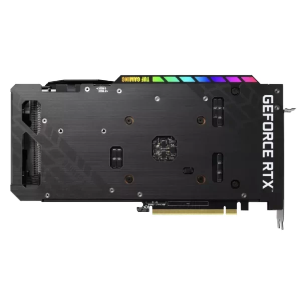 ASUS TUF Gaming GeForce RTX 3050 OC 8GB GDDR6 – Zadná strana grafickej karty s podsvietením a TUF dizajnom
