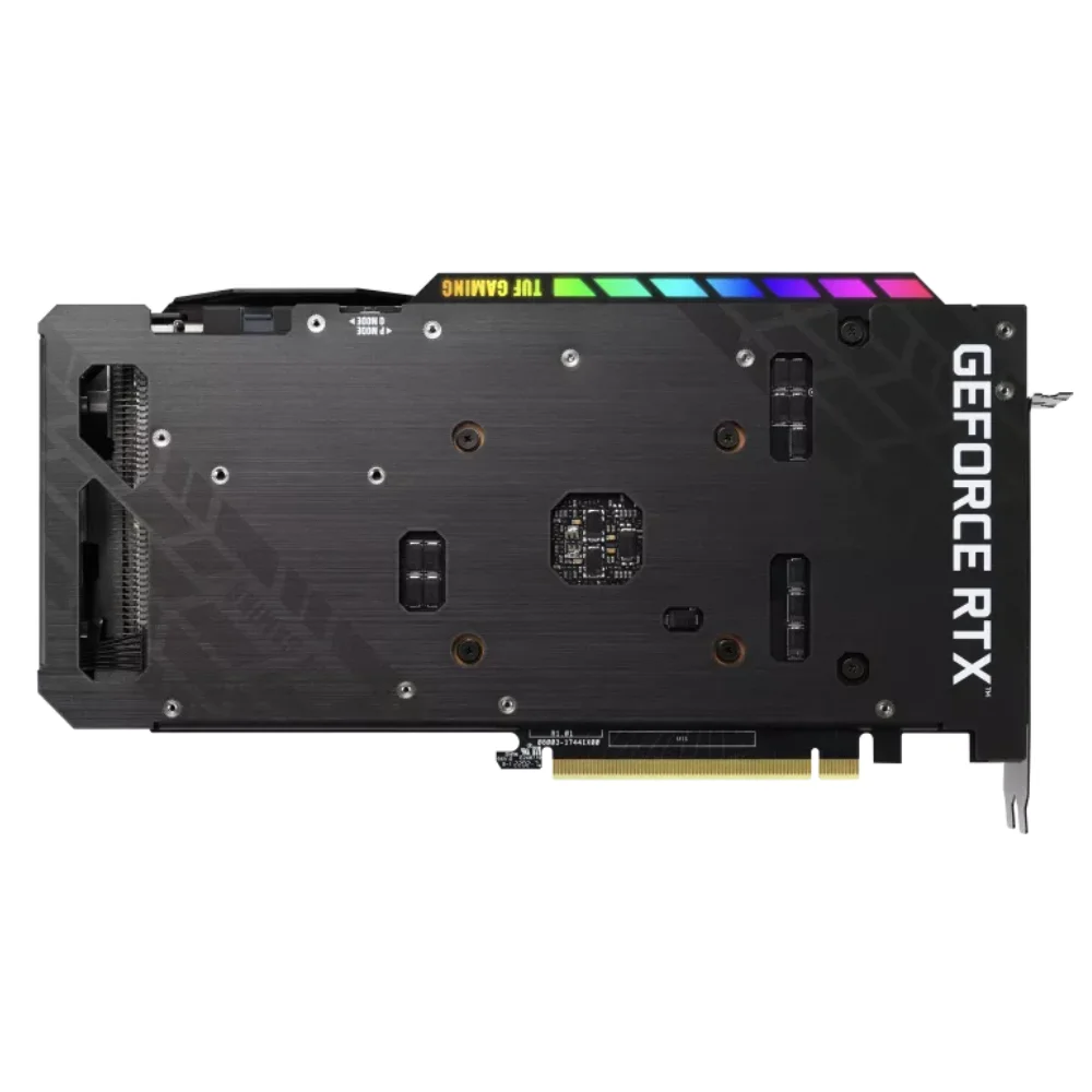 ASUS TUF Gaming GeForce RTX 3050 OC 8GB GDDR6 – Zadná strana grafickej karty s podsvietením a TUF dizajnom ASUS TUF Gaming GeForce RTX 3050 OC 8GB GDDR6 – Zadná strana grafickej karty s podsvietením a TUF dizajnom