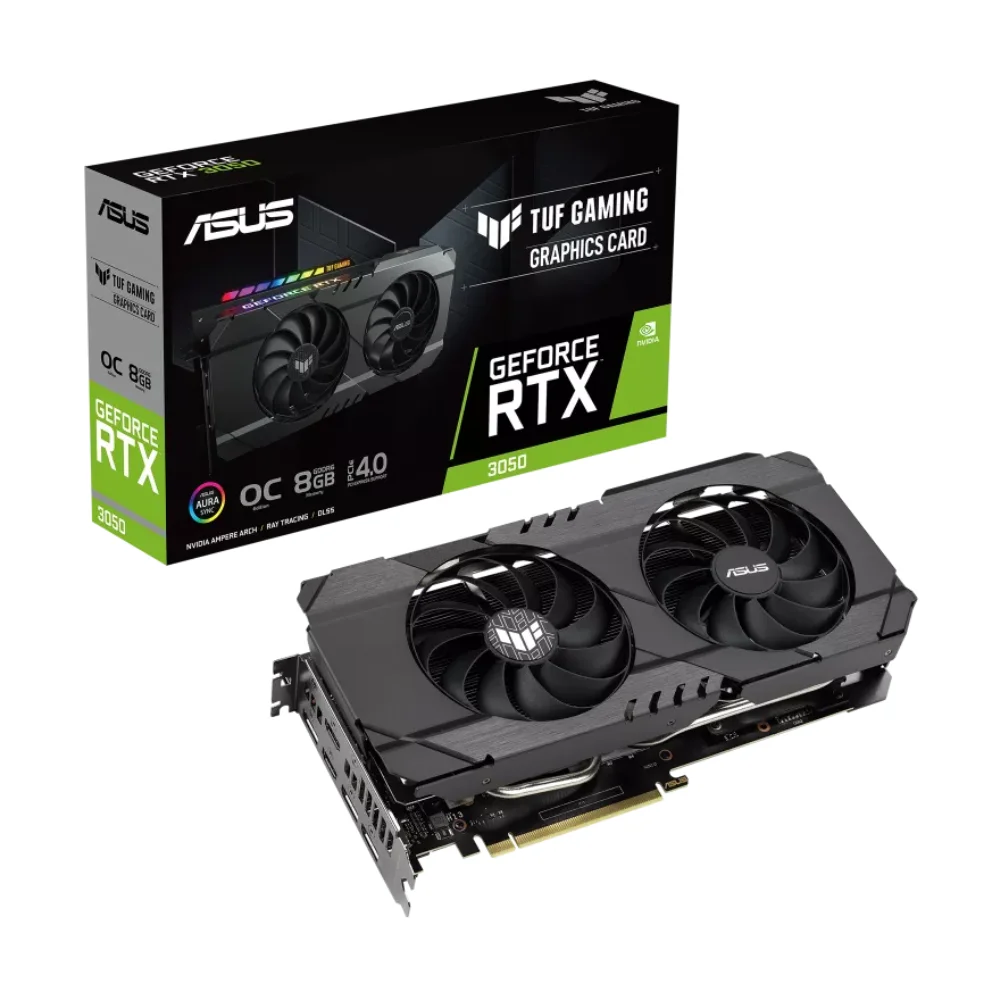 ASUS TUF Gaming GeForce RTX 3050 OC 8GB GDDR6 – Balenie a karta s dvoma ventilátormi v čiernom prevedení ASUS TUF Gaming GeForce RTX 3050 OC 8GB GDDR6 – Balenie a karta s dvoma ventilátormi v čiernom prevedení