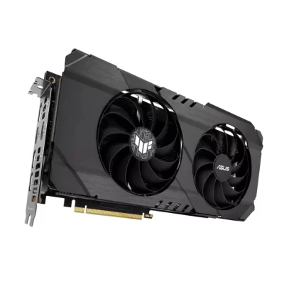 ASUS TUF Gaming GeForce RTX 3050 OC 8GB GDDR6 – Šikmý pohľad na kartu s dvoma ventilátormi a čiernym chladičom