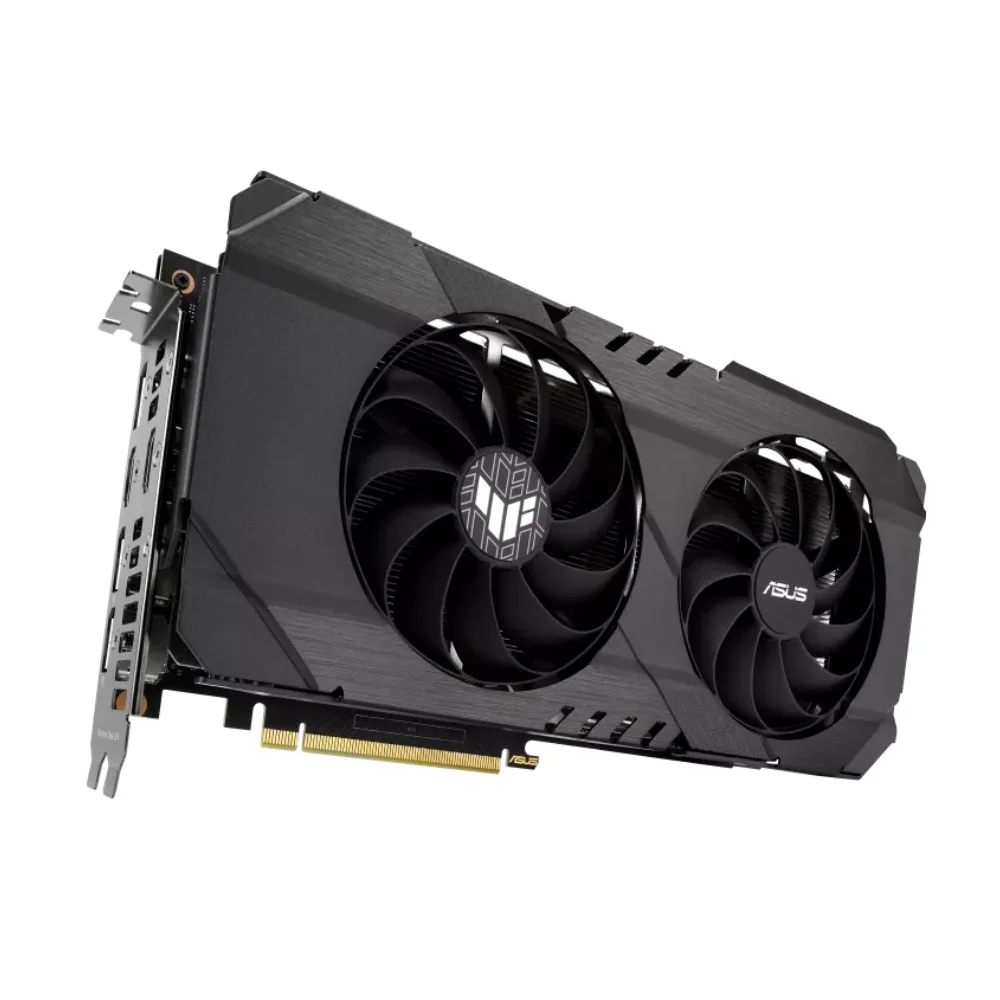 ASUS TUF Gaming GeForce RTX 3050 OC 8GB GDDR6 – Šikmý pohľad na kartu s dvoma ventilátormi a čiernym chladičom ASUS TUF Gaming GeForce RTX 3050 OC 8GB GDDR6 – Šikmý pohľad na kartu s dvoma ventilátormi a čiernym chladičom