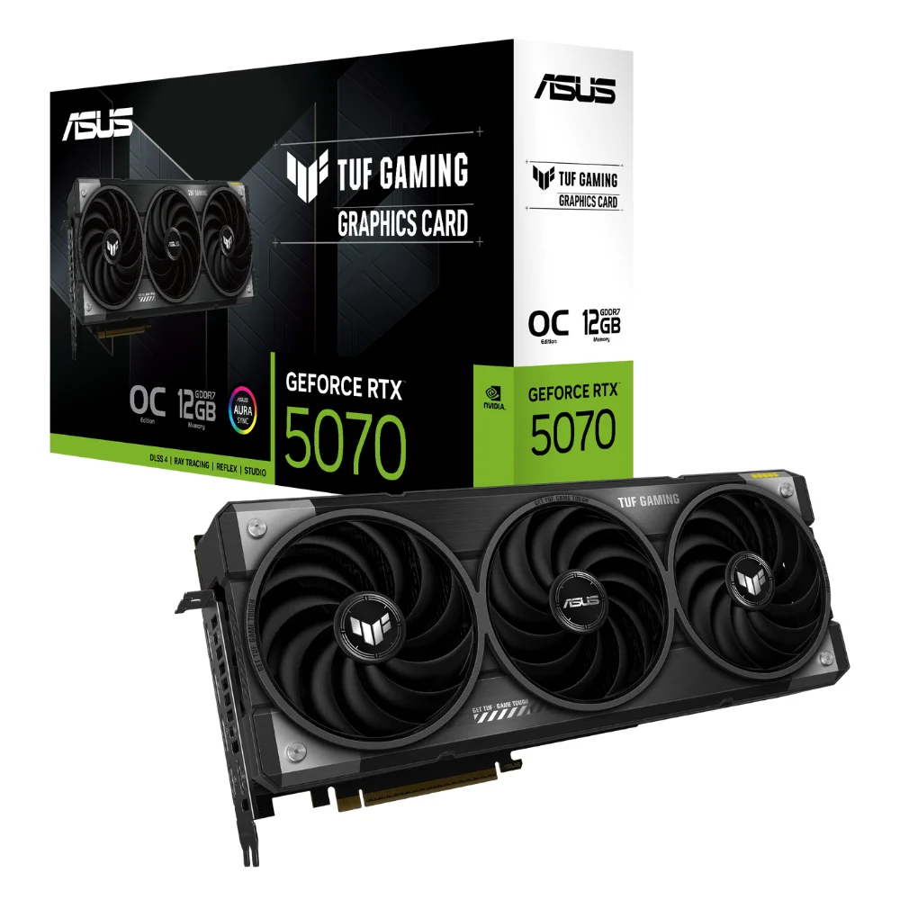 ASUS TUF Gaming GeForce RTX 5070 12GB GDDR7 OC Edition – grafická karta s balením, pohľad na produkt a krabicu ASUS TUF Gaming GeForce RTX 5070 12GB GDDR7 OC Edition – grafická karta s balením, pohľad na produkt a krabicu