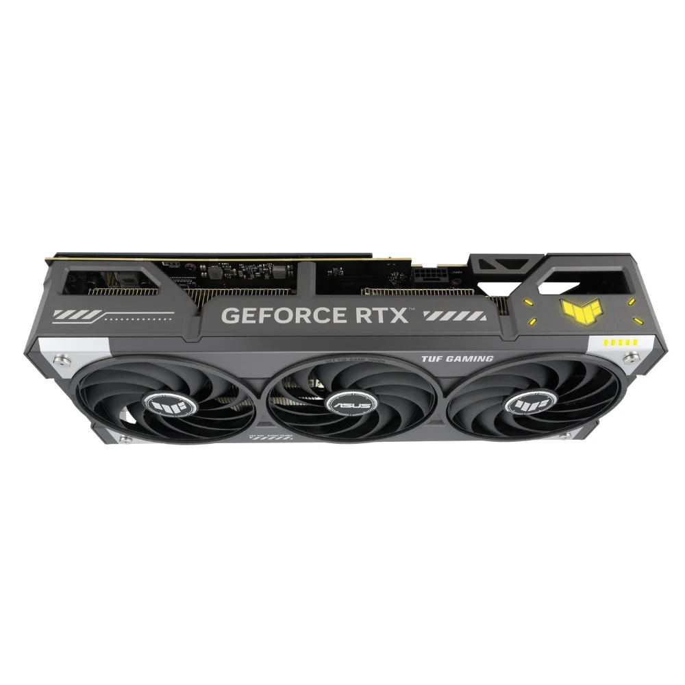 ASUS TUF Gaming GeForce RTX 5070 12GB GDDR7 OC Edition – pohľad zhora na trojventilátorové chladenie a branding ASUS TUF Gaming GeForce RTX 5070 12GB GDDR7 OC Edition – pohľad zhora na trojventilátorové chladenie a branding