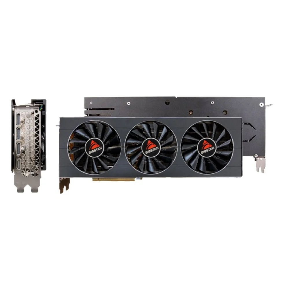 Biostar GeForce RTX 3080 – Detaily výstupných portov a zadná strana karty s masívnym chladením Biostar GeForce RTX 3080 – Detaily výstupných portov a zadná strana karty s masívnym chladením
