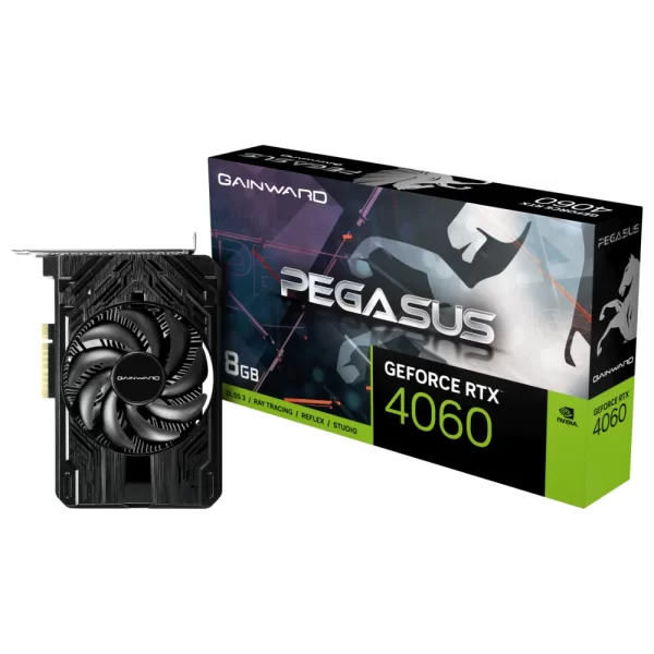 Gainward GeForce RTX 4060 Pegasus 8 GB – Grafická karta s jedným ventilátorom a krabicou, čierne telo s futuristickým dizajnom