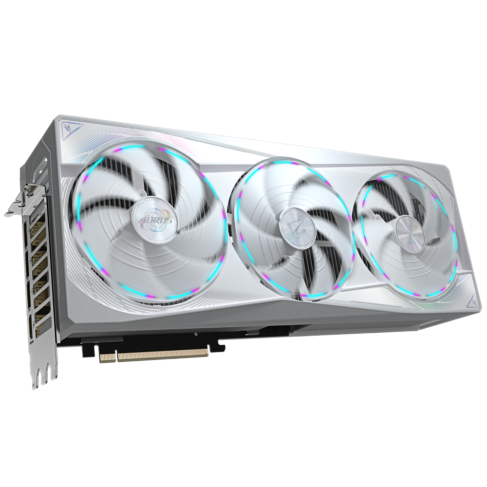 Gigabyte AORUS GeForce RTX 5080 Master ICE 16GB – Predná strana grafickej karty s trojicou RGB ventilátorov v bielom prevedení