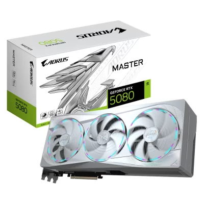 Gigabyte AORUS GeForce RTX 5080 Master ICE 16GB – Zobrazenie karty spolu s originálnym balením