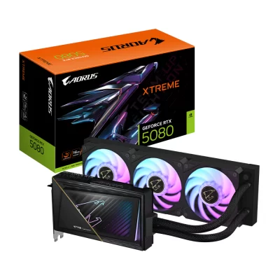 Gigabyte AORUS GeForce RTX 5080 XTREME WATERFORCE 16GB – Kompletné balenie produktu s krabicou a komponentmi vrátane grafickej karty a radiátora
