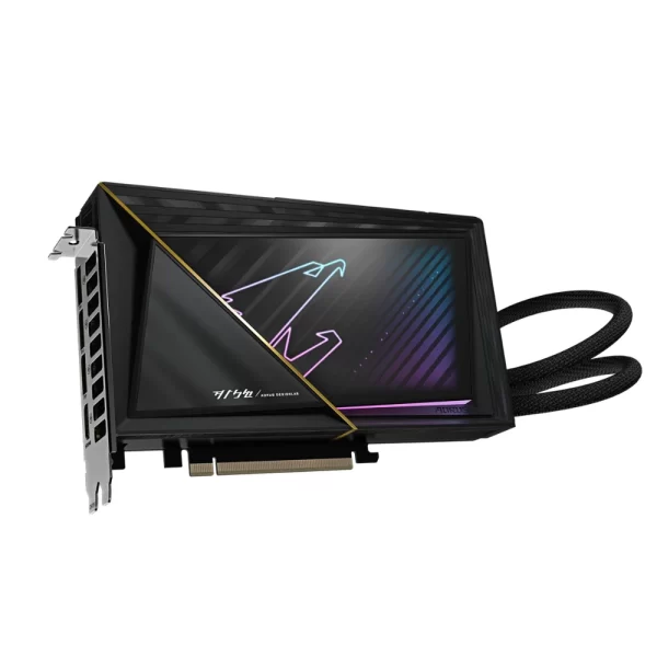 Gigabyte AORUS GeForce RTX 5080 Xtreme WATERFORCE 16GB – Detailný pohľad na vodný blok s priehľadným krytom a RGB podsvietením