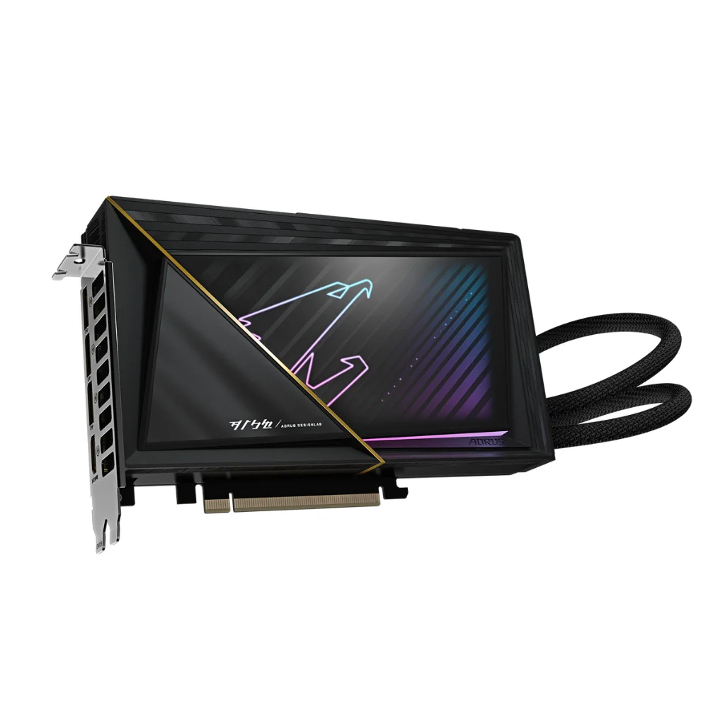 Gigabyte AORUS GeForce RTX 5080 Xtreme WATERFORCE 16GB – Detailný pohľad na vodný blok s priehľadným krytom a RGB podsvietením Gigabyte AORUS GeForce RTX 5080 Xtreme WATERFORCE 16GB – Detailný pohľad na vodný blok s priehľadným krytom a RGB podsvietením