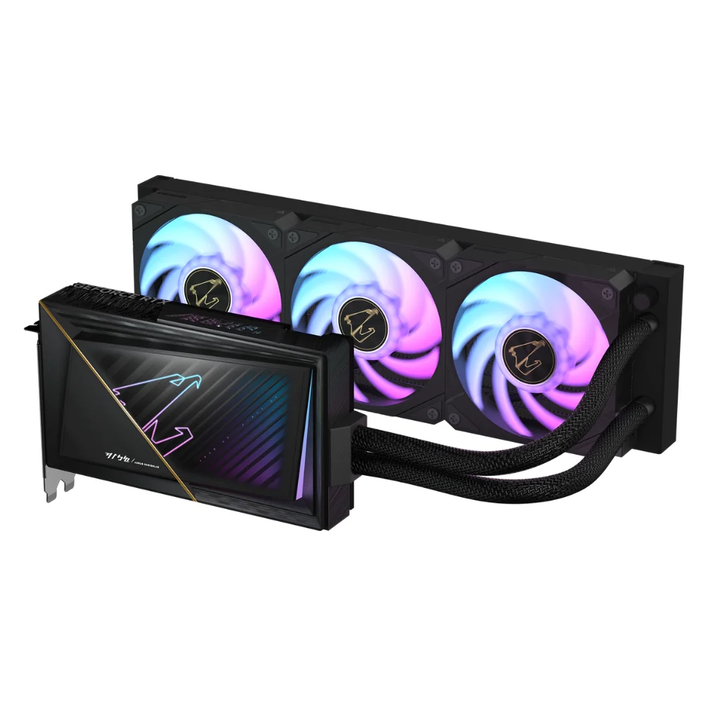 Gigabyte AORUS GeForce RTX 5080 Xtreme WATERFORCE 16GB – Bočný pohľad na grafickú kartu s osvetleným logom AORUS Gigabyte AORUS GeForce RTX 5080 Xtreme WATERFORCE 16GB – Bočný pohľad na grafickú kartu s osvetleným logom AORUS