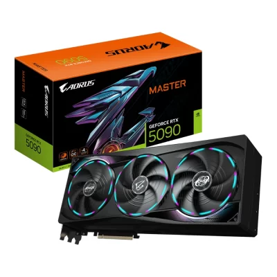 GIGABYTE AORUS GeForce RTX 5090 MASTER 32G – grafická karta s RGB ventilátormi a krabicou v pozadí