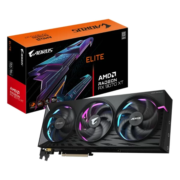 Gigabyte AORUS Radeon RX 9070 XT ELITE 16GB – balenie a karta s RGB podsvietením a trojventilátorovým chladičom