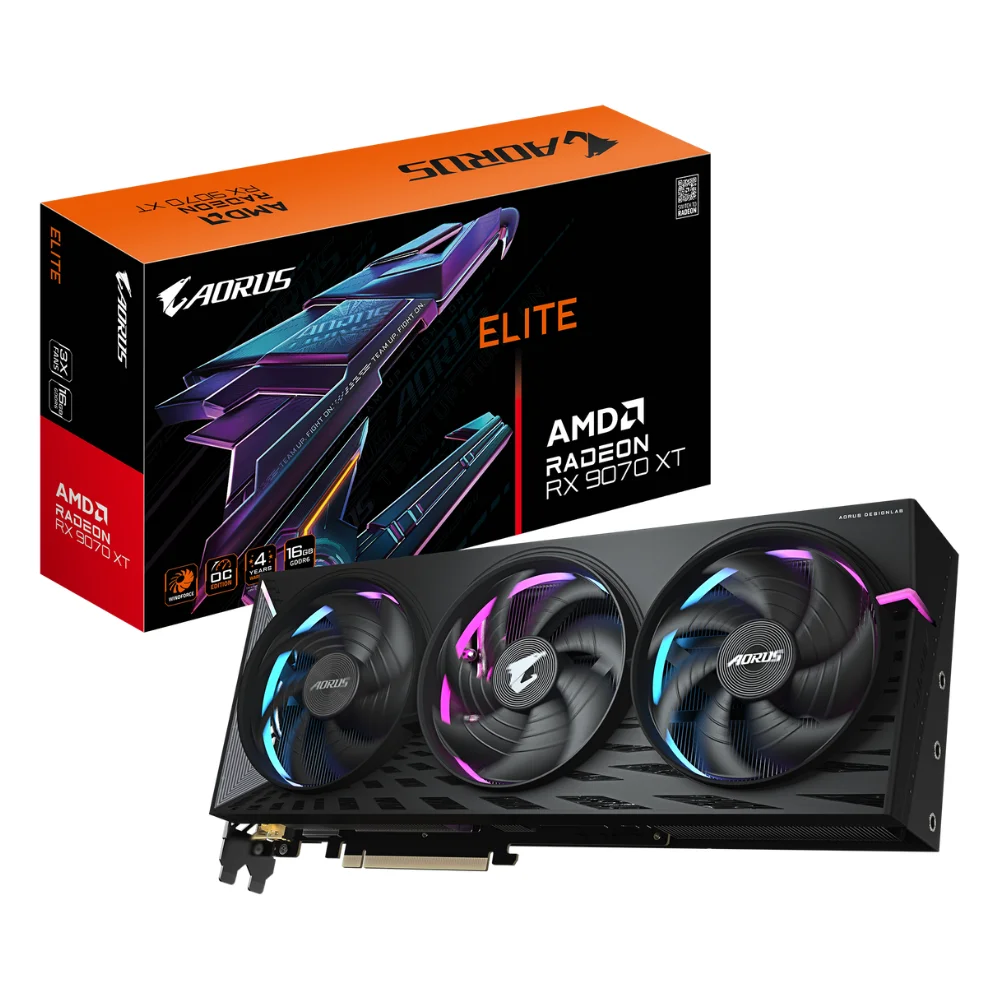 Gigabyte AORUS Radeon RX 9070 XT ELITE 16GB – balenie a karta s RGB podsvietením a trojventilátorovým chladičom Gigabyte AORUS Radeon RX 9070 XT ELITE 16GB – balenie a karta s RGB podsvietením a trojventilátorovým chladičom