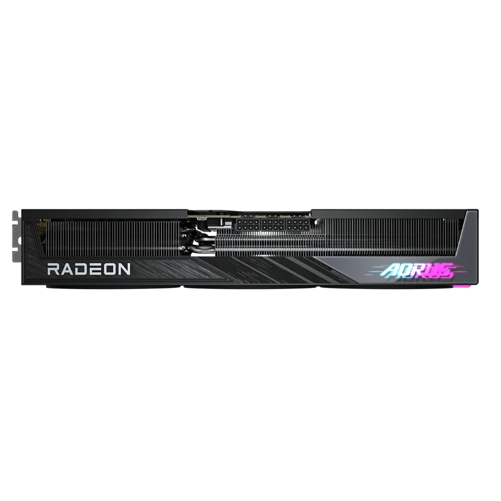 Gigabyte AORUS Radeon RX 9070 XT ELITE 16GB – bočný pohľad na RGB logo AORUS a chladenie Gigabyte AORUS Radeon RX 9070 XT ELITE 16GB – bočný pohľad na RGB logo AORUS a chladenie