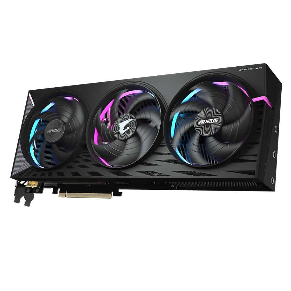 Gigabyte AORUS Radeon RX 9070 XT ELITE 16GB – detailný pohľad spredu na trojicu RGB ventilátorov Gigabyte AORUS Radeon RX 9070 XT ELITE 16GB – detailný pohľad spredu na trojicu RGB ventilátorov