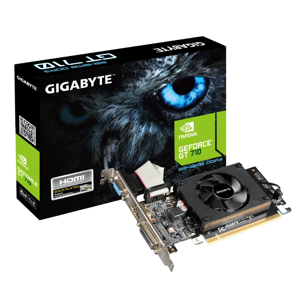 GIGABYTE GeForce GT 710 2GB DDR3 – Balenie s grafickou kartou GeForce GT 710 s aktívnym chladením GIGABYTE GeForce GT 710 2GB DDR3 – Balenie s grafickou kartou GeForce GT 710 s aktívnym chladením