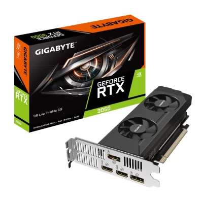 Gigabyte GeForce RTX 3050 D6 Low Profile 6G – Grafická karta s nízkym profilom a dvojicou ventilátorov pred balením