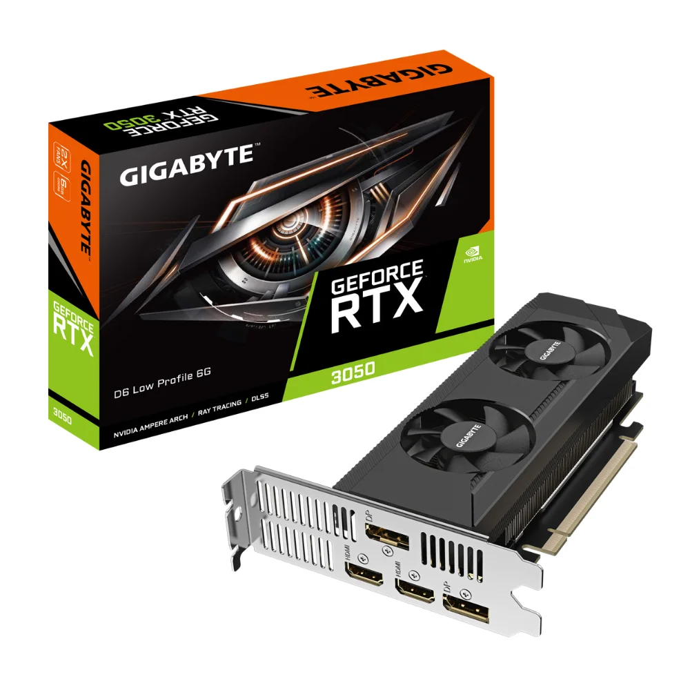 Gigabyte GeForce RTX 3050 D6 Low Profile 6G – Grafická karta s nízkym profilom a dvojicou ventilátorov pred balením Gigabyte GeForce RTX 3050 D6 Low Profile 6G – Grafická karta s nízkym profilom a dvojicou ventilátorov pred balením