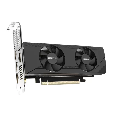 Gigabyte GeForce RTX 3050 D6 Low Profile 6G – Čelný pohľad na grafickú kartu s dvomi ventilátormi