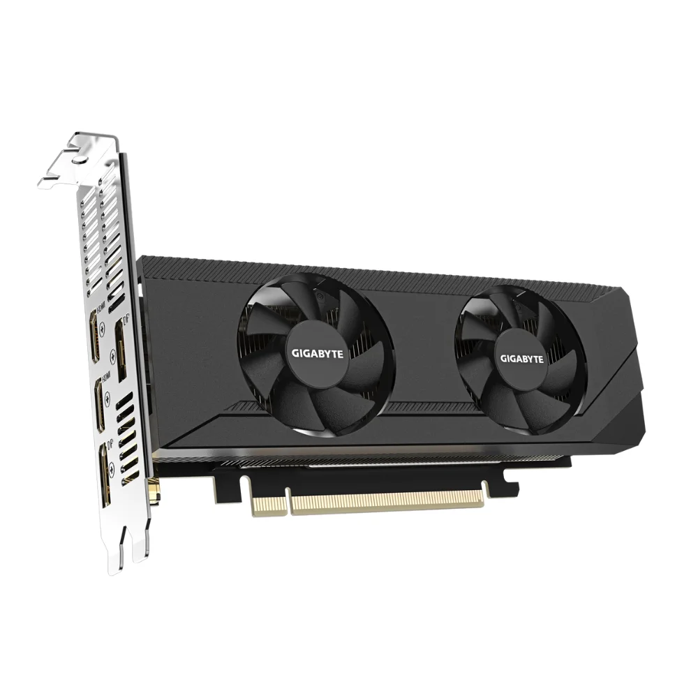 Gigabyte GeForce RTX 3050 D6 Low Profile 6G – Čelný pohľad na grafickú kartu s dvomi ventilátormi Gigabyte GeForce RTX 3050 D6 Low Profile 6G – Čelný pohľad na grafickú kartu s dvomi ventilátormi