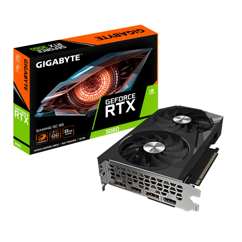 Gigabyte GeForce RTX 3060 Ti GAMING OC 8G (rev. 2.0) – grafická karta a balenie v čelnom pohľade Gigabyte GeForce RTX 3060 Ti GAMING OC 8G (rev. 2.0) – grafická karta a balenie v čelnom pohľade