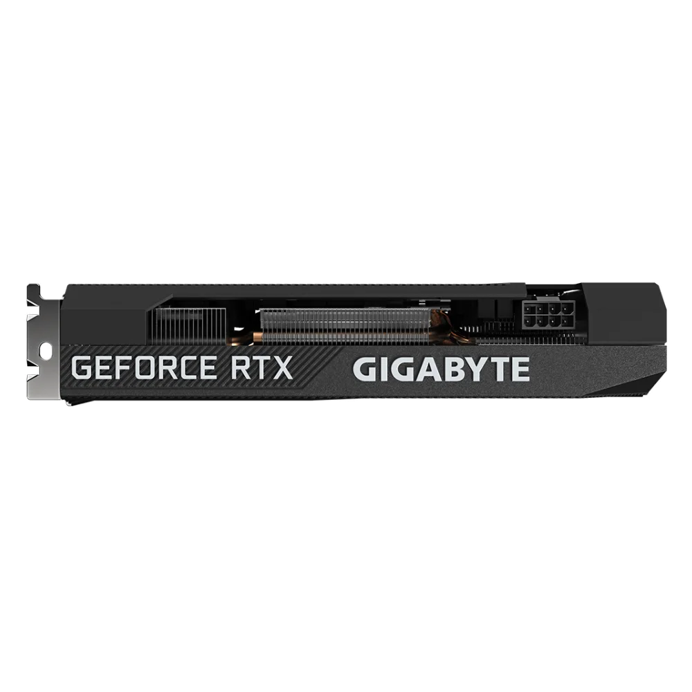 Gigabyte GeForce RTX 3060 Ti GAMING OC 8G (rev. 2.0) – pohľad z boku na napájanie a logo Gigabyte GeForce RTX 3060 Ti GAMING OC 8G (rev. 2.0) – pohľad z boku na napájanie a logo