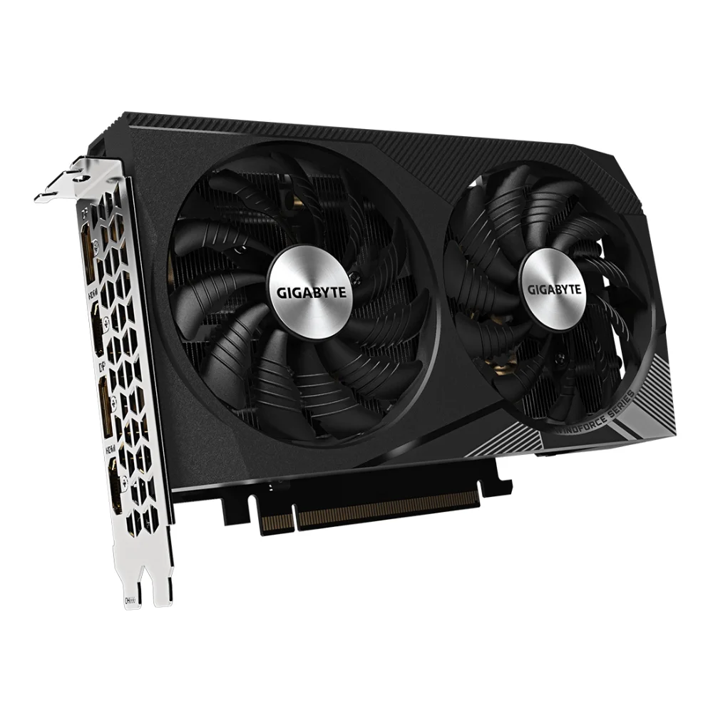 Gigabyte GeForce RTX 3060 Ti GAMING OC 8G (rev. 2.0) – predná strana karty s dvomi ventilátormi Gigabyte GeForce RTX 3060 Ti GAMING OC 8G (rev. 2.0) – predná strana karty s dvomi ventilátormi