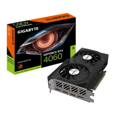 Gigabyte GeForce RTX 4060 WINDFORCE OC 8G – Zobrazenie balenia a grafickej karty spredu