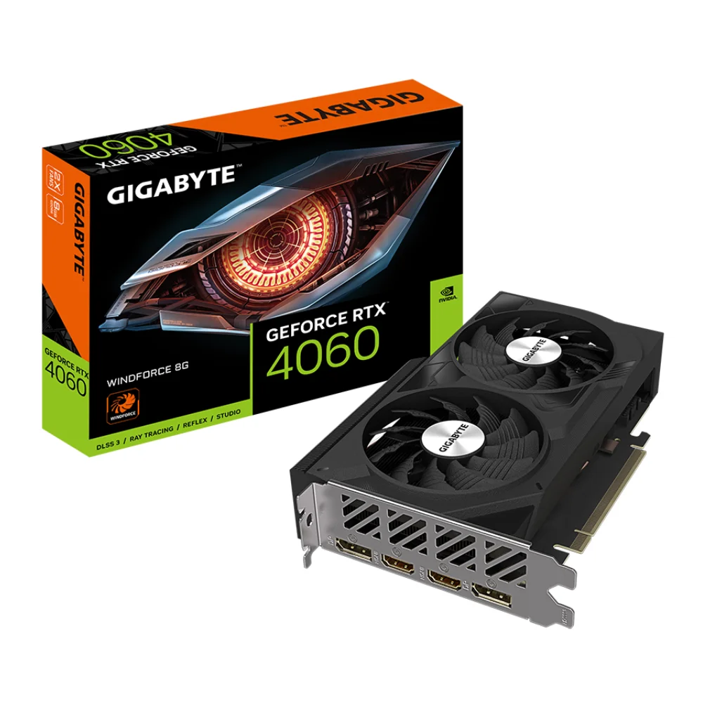 Gigabyte GeForce RTX 4060 WINDFORCE OC 8G – Zobrazenie balenia a grafickej karty spredu Gigabyte GeForce RTX 4060 WINDFORCE OC 8G – Zobrazenie balenia a grafickej karty spredu