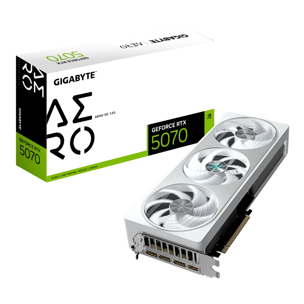Gigabyte GeForce RTX 5070 AERO OC 12GB – Balenie a grafická karta s RGB podsvietením Gigabyte GeForce RTX 5070 AERO OC 12GB – Balenie a grafická karta s RGB podsvietením