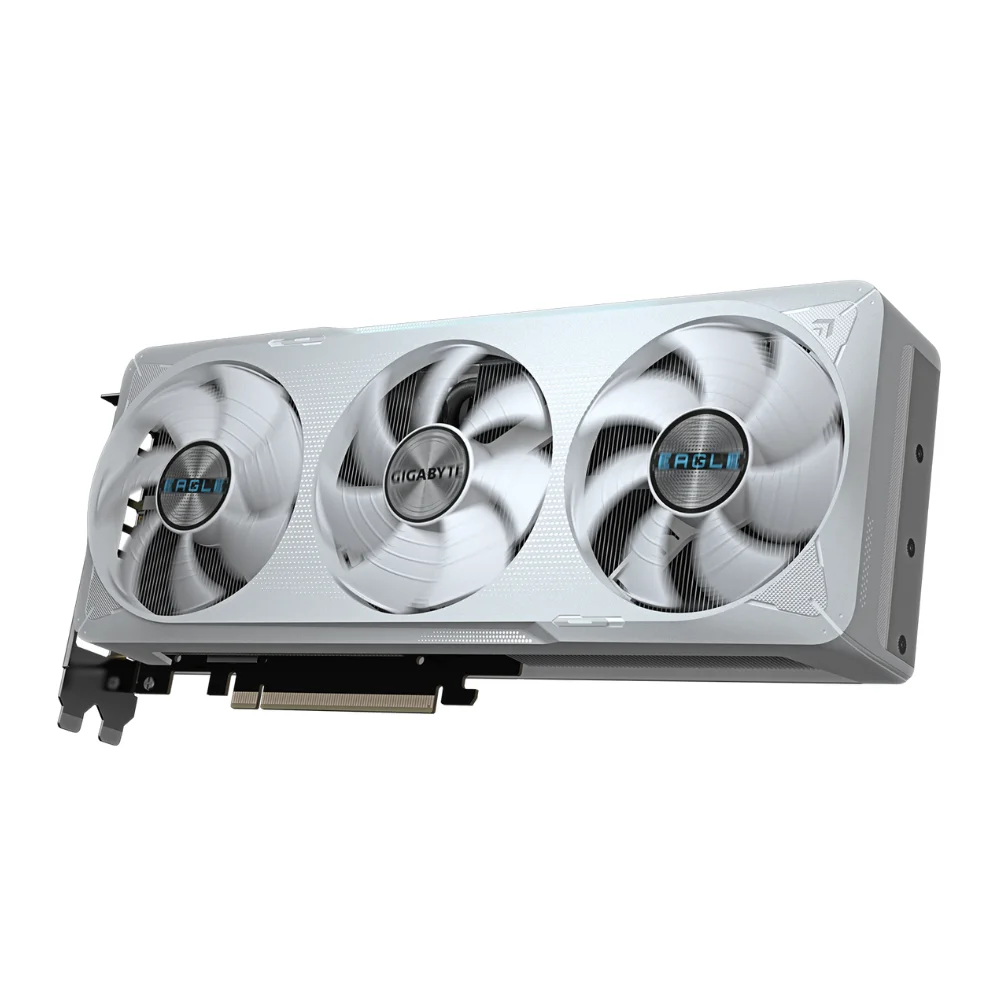 GIGABYTE GeForce RTX 5070 EAGLE OC ICE SFF 12G – pohľad spredu na trojventilátorový elegantný dizajn GIGABYTE GeForce RTX 5070 EAGLE OC ICE SFF 12G – pohľad spredu na trojventilátorový elegantný dizajn